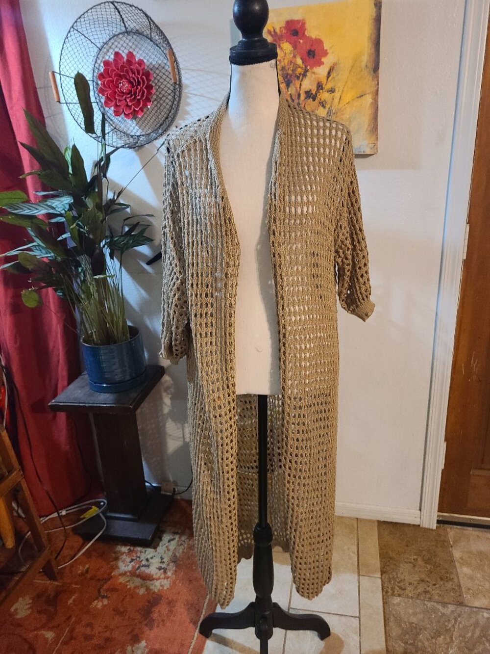Taupe Crochet Duster SZ L Open Front Hippie Gypsy Bohemian 3/4 Sleeve